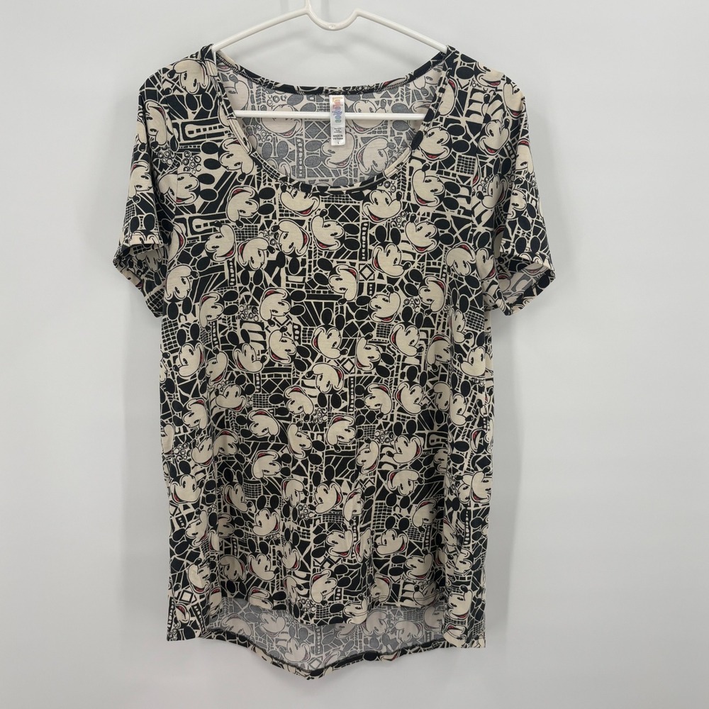 LuLaRoe Disney Mickey Mouse Geometric Print Scoop Neck T-Shirt Black Cream Large